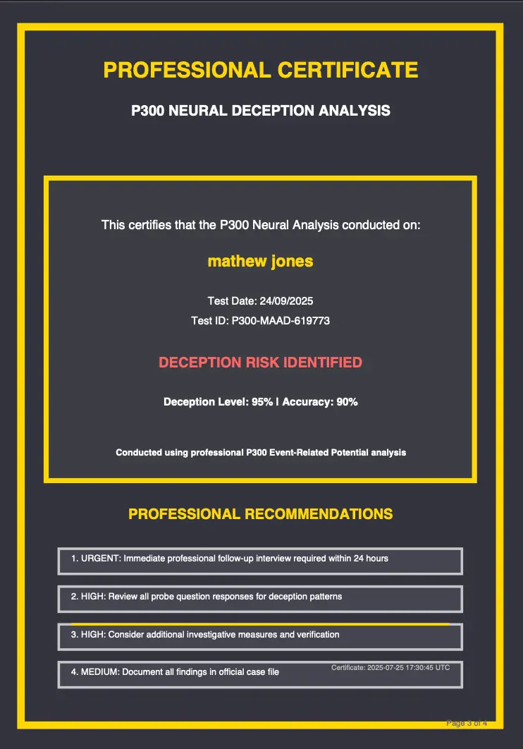 Official P300 Lie Detector Certificate of Examination confirming deception risk identified with our lie detector test in Cock Bridge